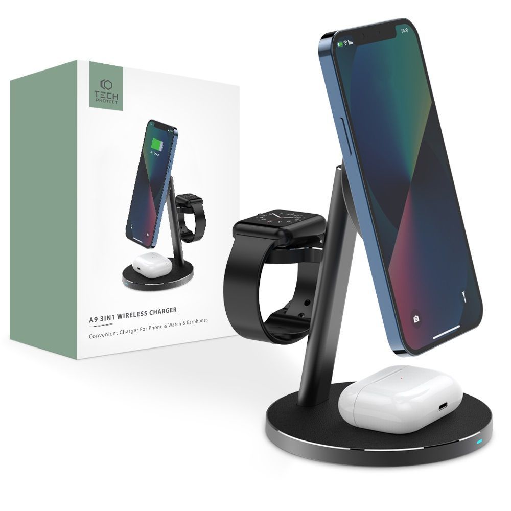 CARICATORE AD INDUZIONE TECH-PROTECT A9 3IN1 MAGNETIC MAGSAFE WIRELESS CHARGER BLACK