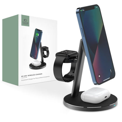 CARICATORE AD INDUZIONE TECH-PROTECT A9 3IN1 MAGNETIC MAGSAFE WIRELESS CHARGER BLACK